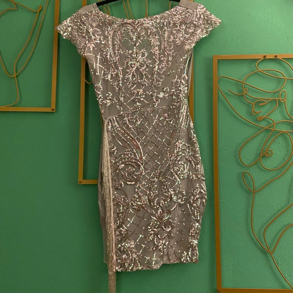 Silver beaded dress with beaded fringe